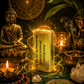 Aura Booster block with a Buddha statue, candles, and crystals on a dark background