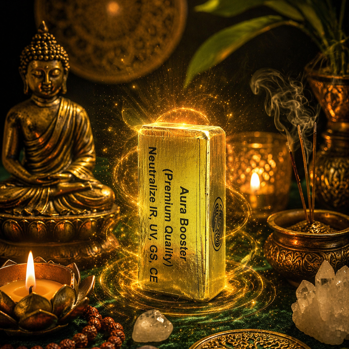 Aura Booster block with a Buddha statue, candles, and crystals on a dark background