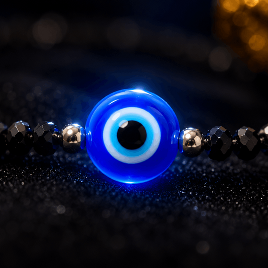 Blue evil eye bead on a black beaded bracelet with a blurred background