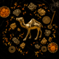 Gold camel figurine surrounded by decorative elements on a dark background