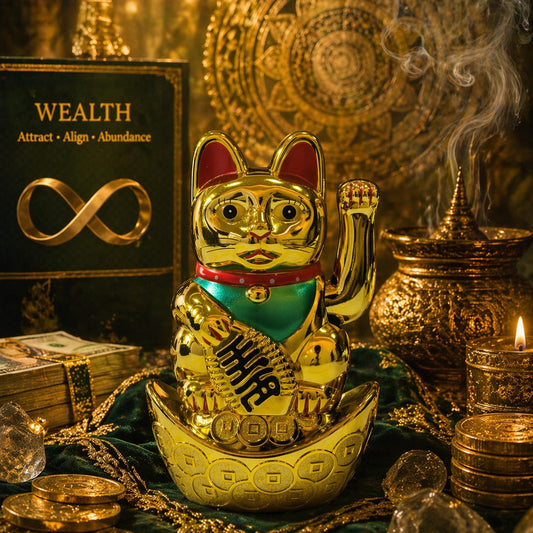 Gold cat figurine with green belly and black text, surrounded by coins and books on wealth.