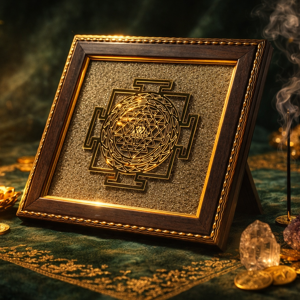 Shree Yantra on Raw Pyrite Frame – Sacred Geometry Abundance Crystal Wall Decor