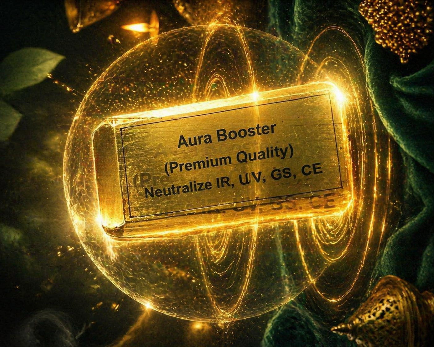 Book titled 'Aura Booster' in a glowing crystal ball with mystical background