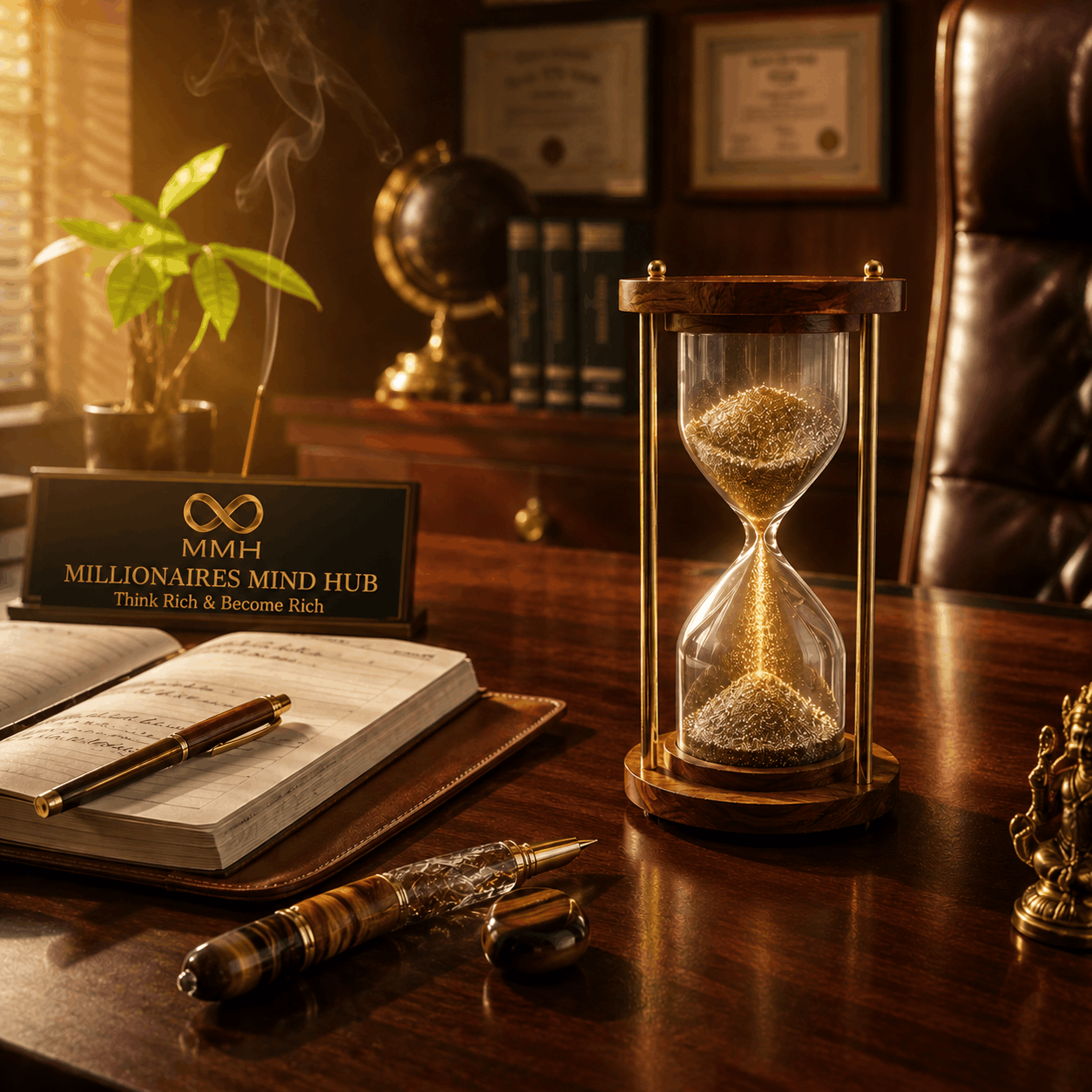 Hourglass, open book, and pen on a wooden desk with 'Millionaires Mind Hub' sign.
