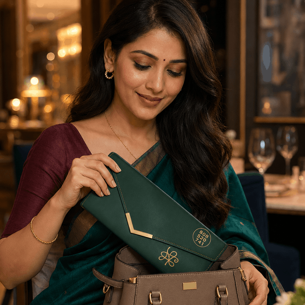 A woman in a dark teal sari holds a dark green envelope-style clutch with gold detailing above a taupe handbag in a restaurant setting.