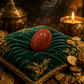 Red egg on a green velvet pillow with gold coins and a lit candle in the background