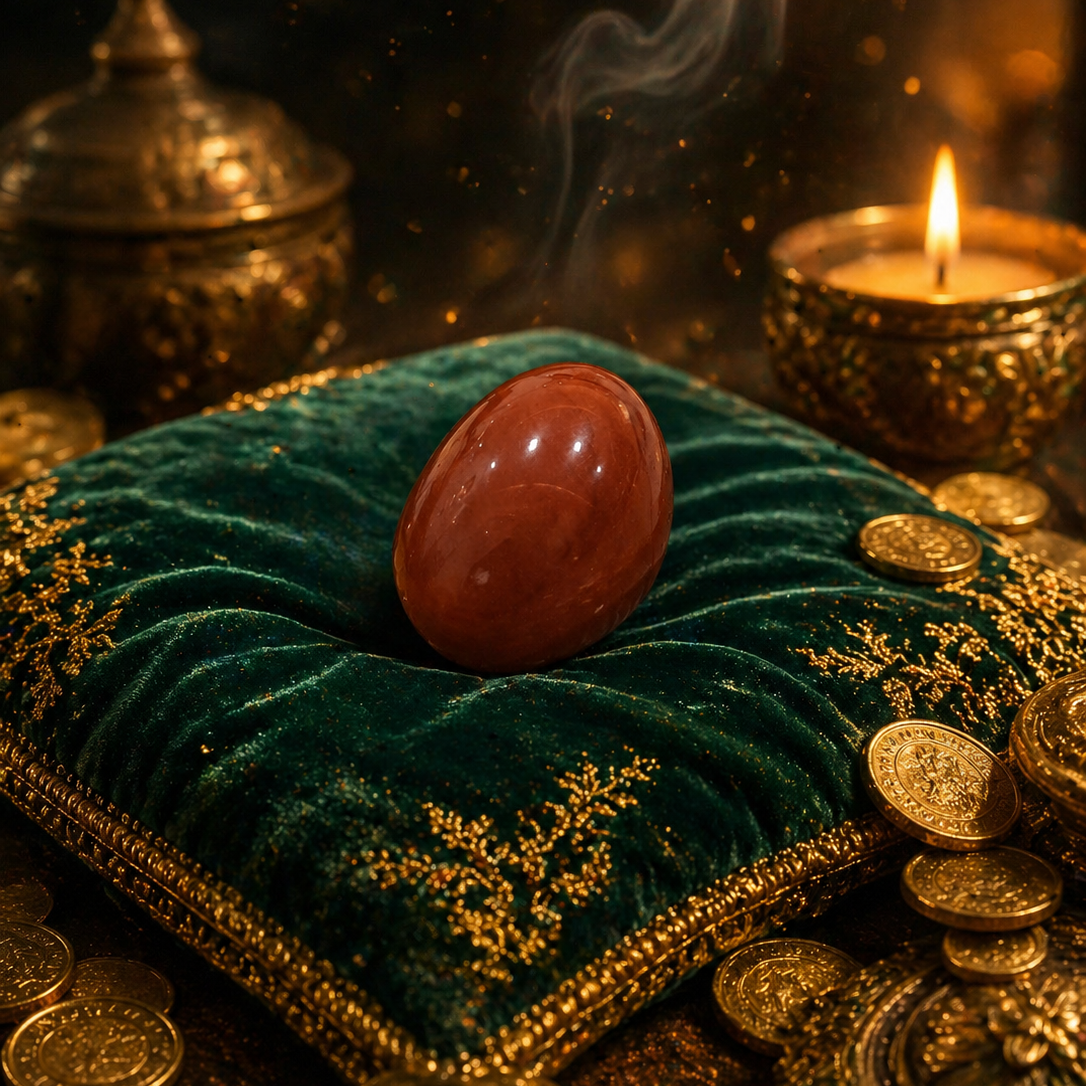 Red egg on a green velvet pillow with gold coins and a lit candle in the background
