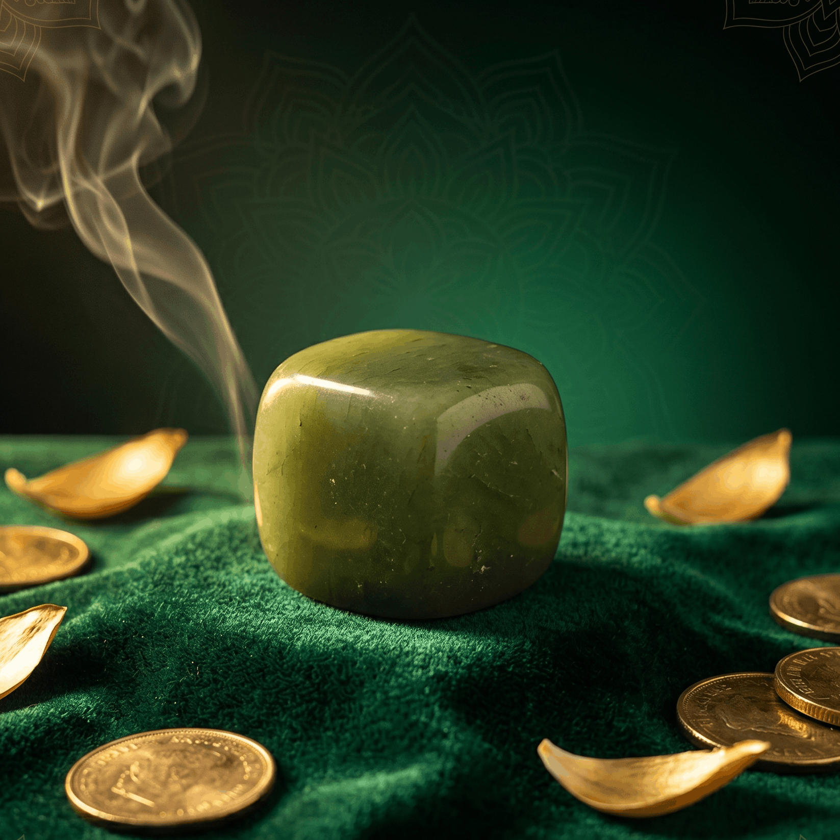 Green stone with gold coins and smoke on a dark green background