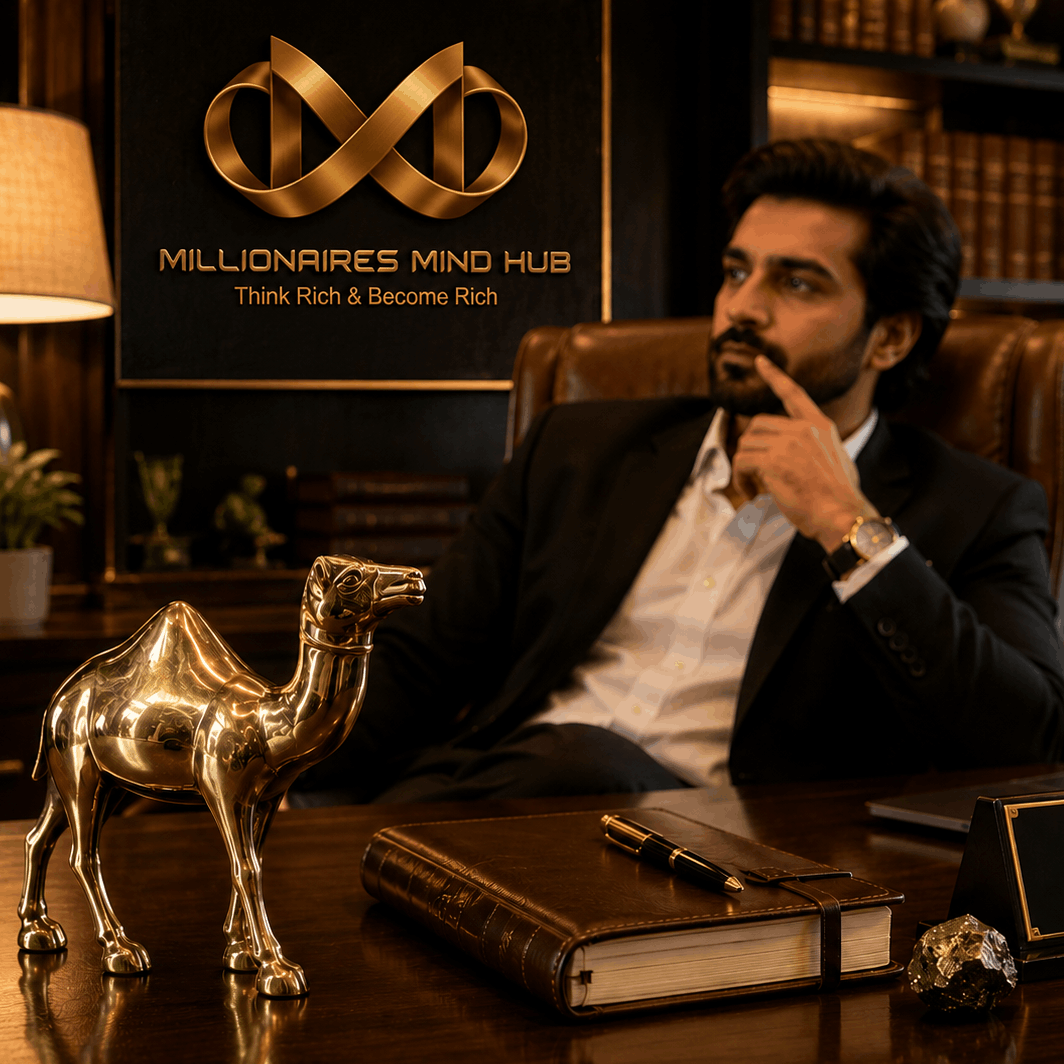 Man sitting at a desk in an office setting with a 'Millionaires Mind Hub' sign in the background.