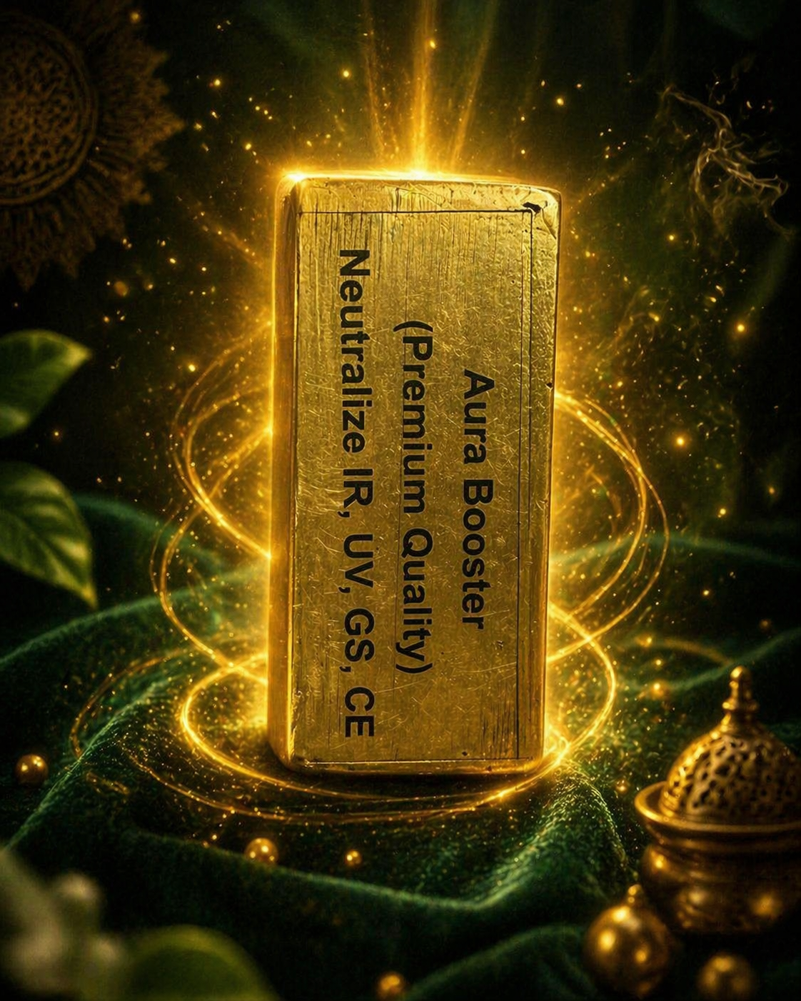 Gold block labeled 'Aura Booster' with mystical glow on a dark background