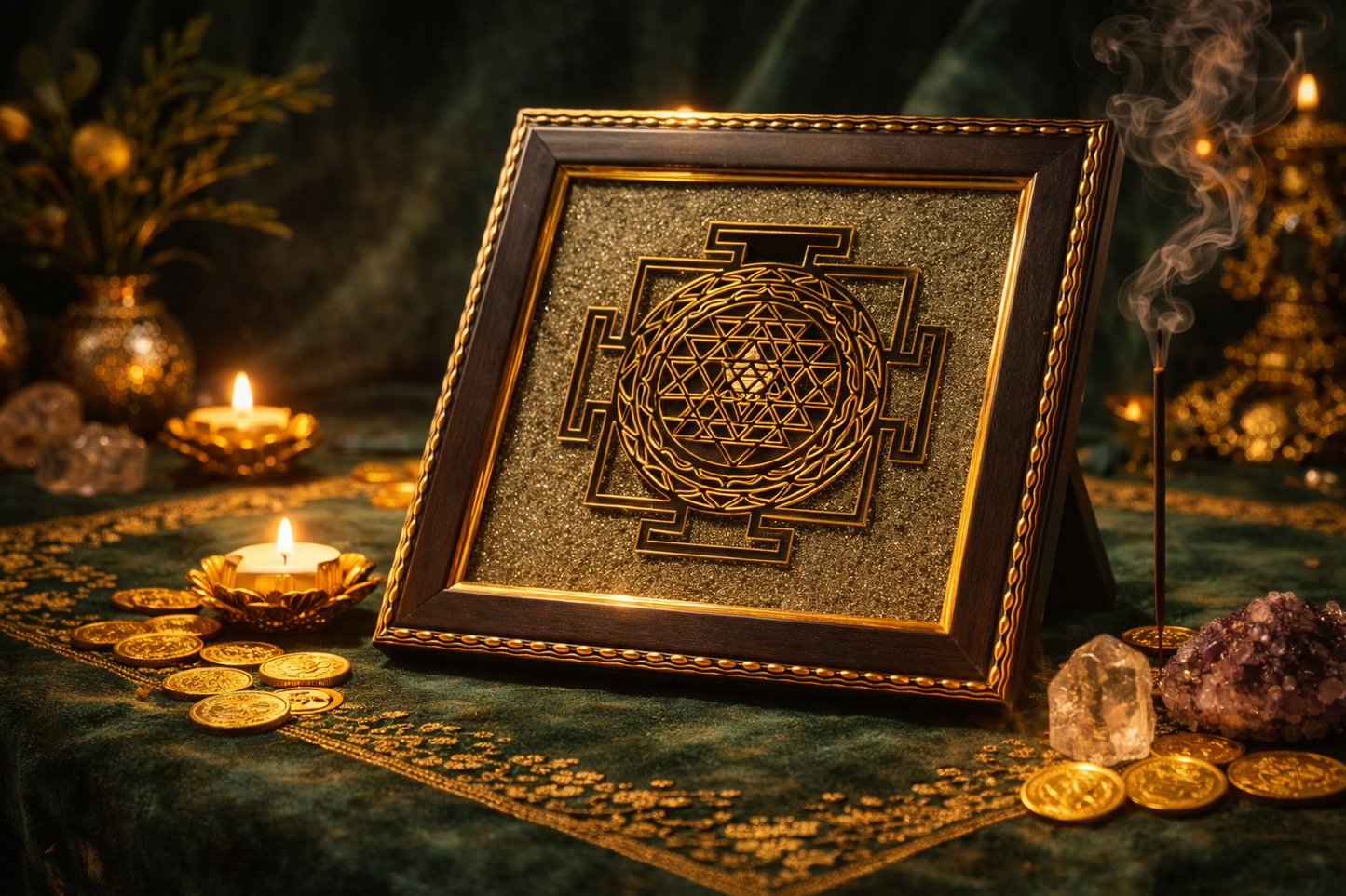 Shree Yantra on Raw Pyrite Frame – Sacred Geometry Abundance Crystal Wall Decor