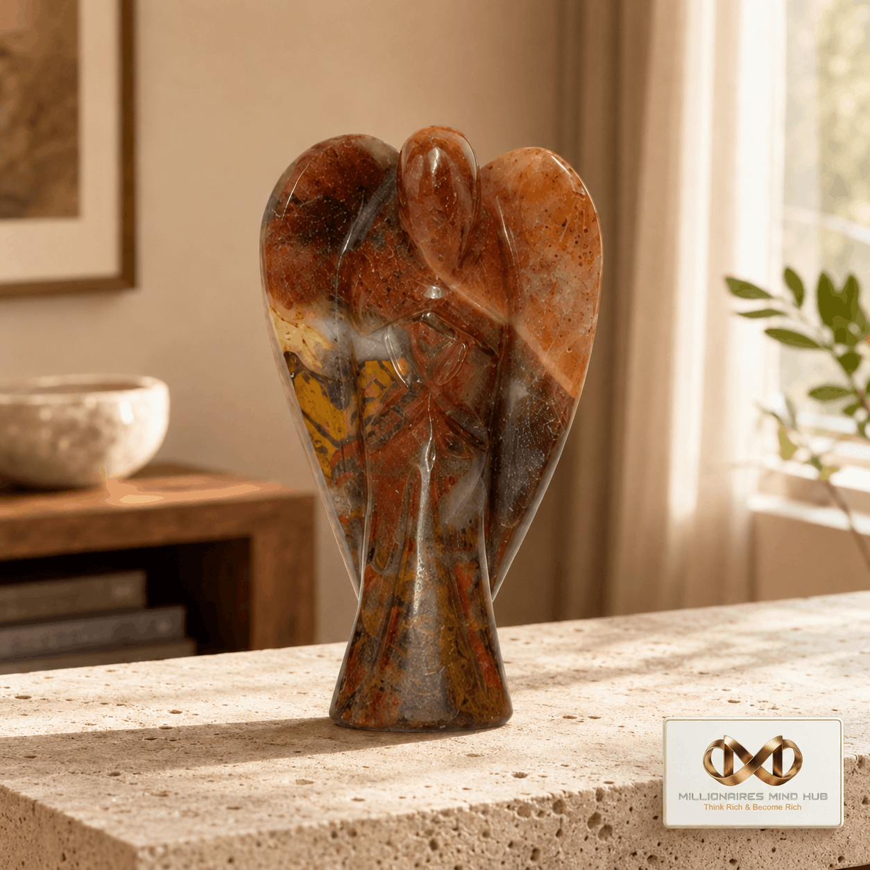 A polished carved stone angel figurine with wings, featuring a marbled pattern of brown, orange, and gray, displayed on a light stone surface in a softly lit room.