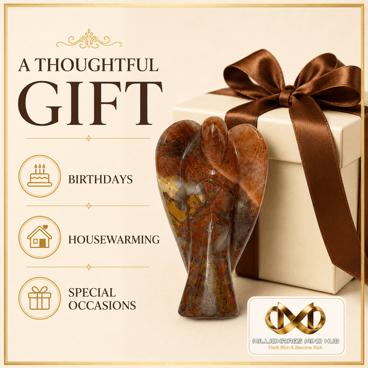 A polished brown and gold marbled crystal angel figurine displayed next to a cream gift box with a brown ribbon. The left side features promotional text reading 'A THOUGHTFUL GIFT' with icons for birthdays, housewarming, and special occasions, and a logo for 'Killer Beads Shop'.