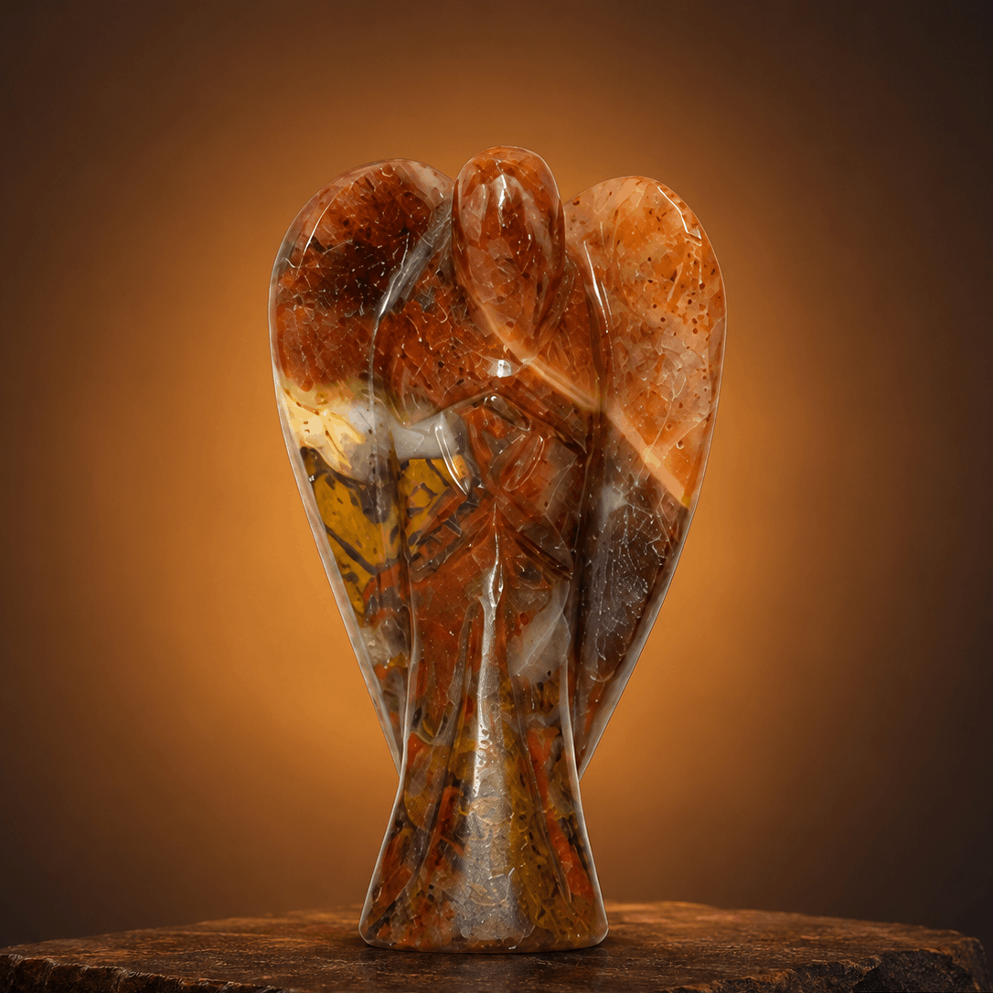 A polished carved stone sculpture of two embracing angel figures, featuring warm orange, brown, and cream natural stone patterns, displayed on a dark rustic wooden pedestal against a warm glowing brown background.