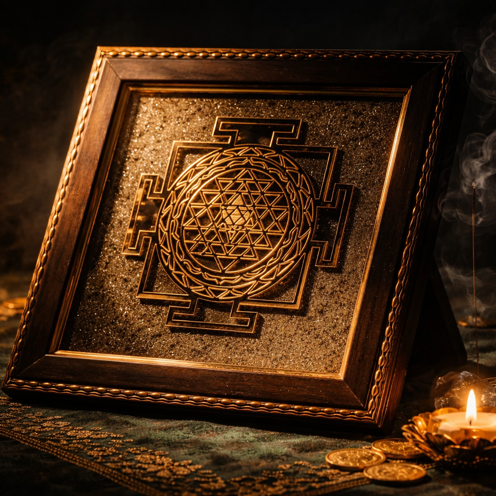 Shree Yantra on Raw Pyrite Frame – Sacred Geometry Abundance Crystal Wall Decor