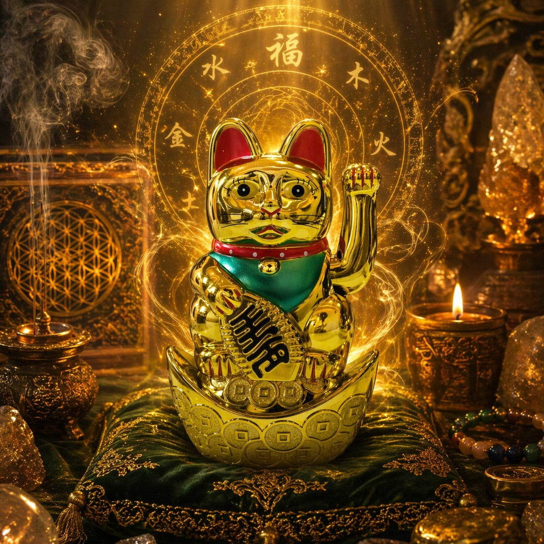 Gold Maneki Neko statue with a green bandana on a mystical background with candles and crystals.