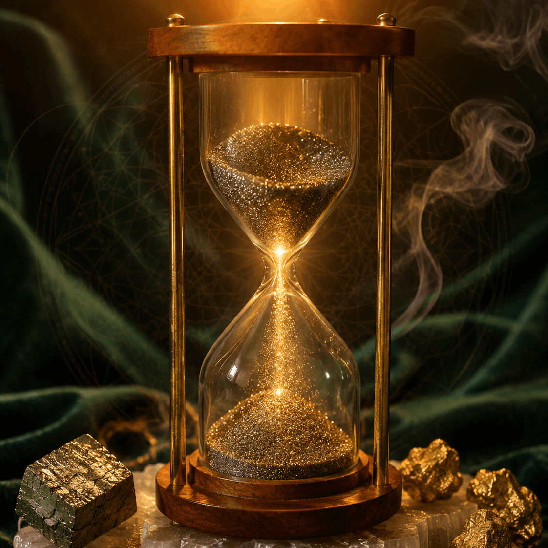 Decorative hourglass with gold sand on a dark background