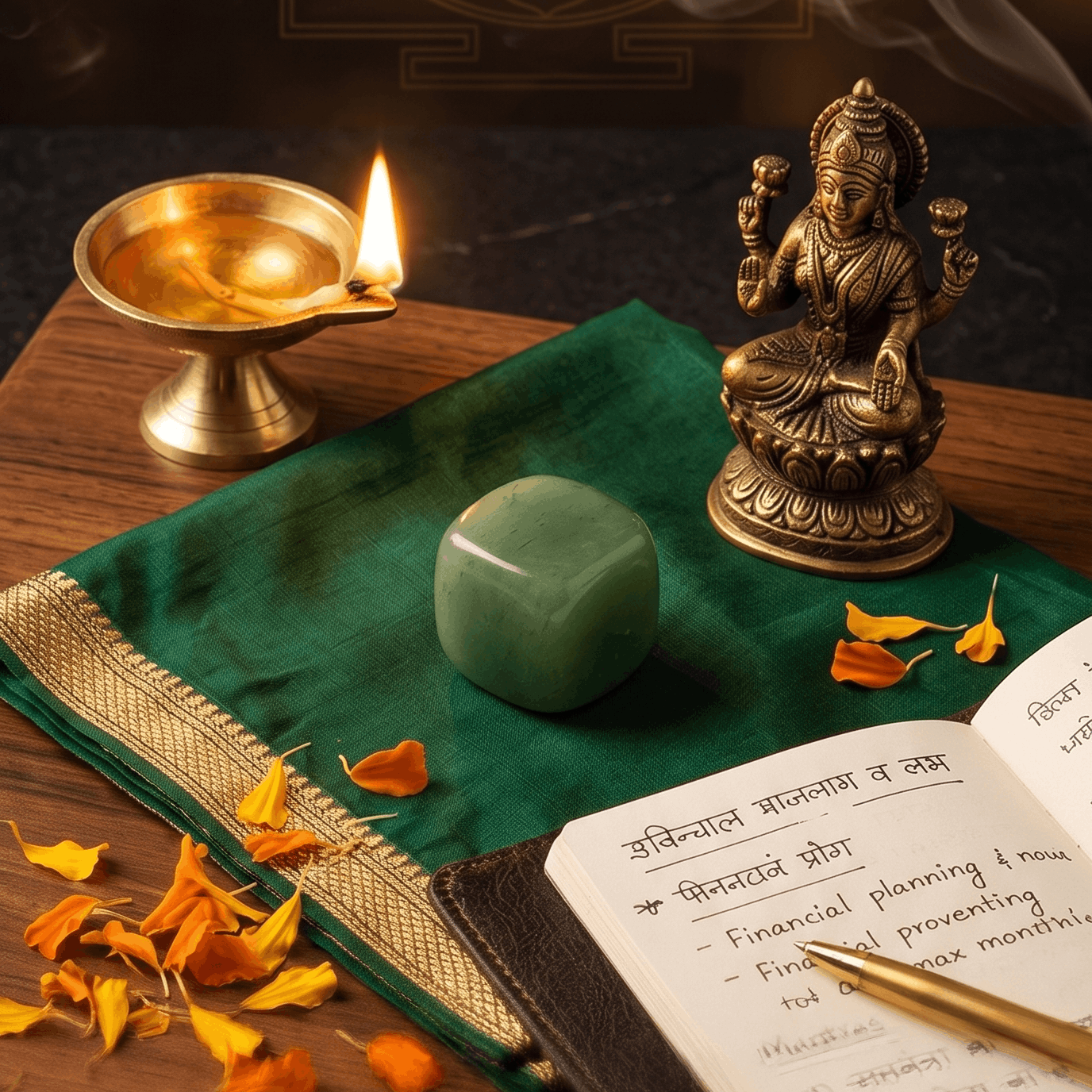 Statue of a deity, lit candle, green crystal, and open book on a wooden surface with a dark background.