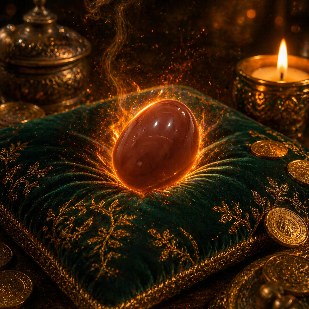 Ethereal glowing red stone on a green cushion with candles and coins in the background