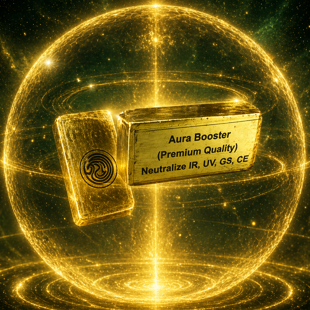 Aura Booster product in a glowing golden sphere with starry background