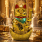 Gold maneki-neko statue in a luxurious interior setting with gold coins and intricate architecture.