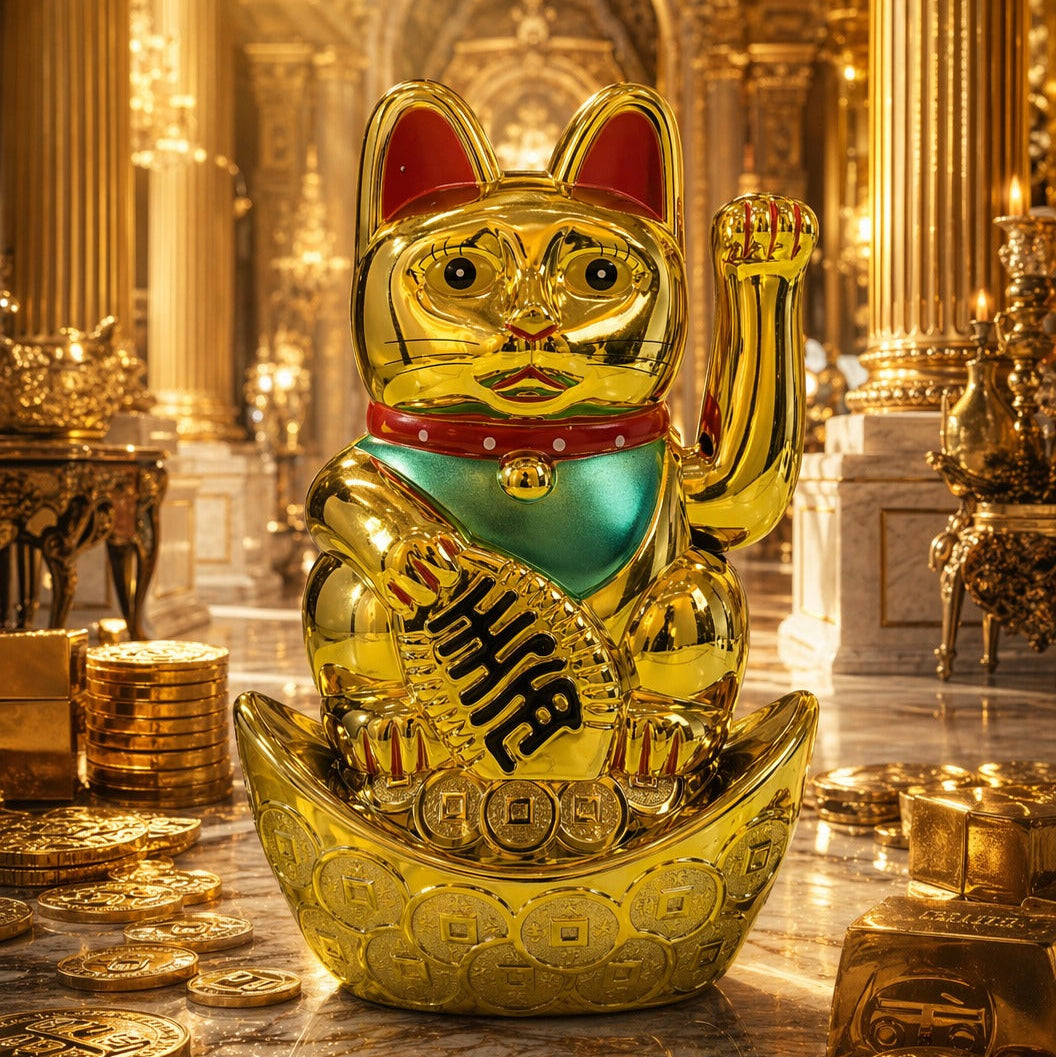 Gold maneki-neko statue in a luxurious interior setting with gold coins and intricate architecture.