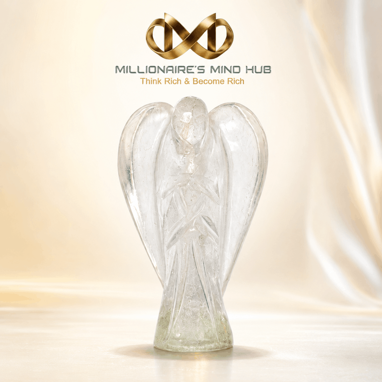 A clear glass angel figurine standing on a pedestal, centered against a soft warm beige background with draped fabric. Above the figurine, the text 'MILLIONAIRE'S MIND HUB' and the tagline 'Think Rich & Become Rich' appear with a gold infinity symbol logo.