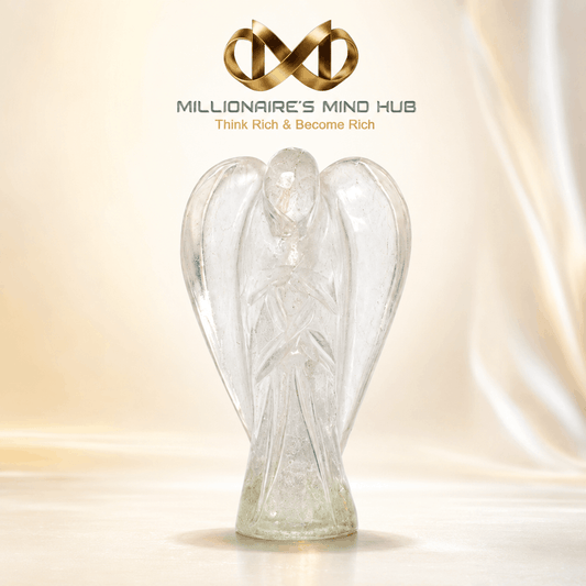 A clear glass angel figurine standing on a pedestal, centered against a soft warm beige background with draped fabric. Above the figurine, the text 'MILLIONAIRE'S MIND HUB' and the tagline 'Think Rich & Become Rich' appear with a gold infinity symbol logo.