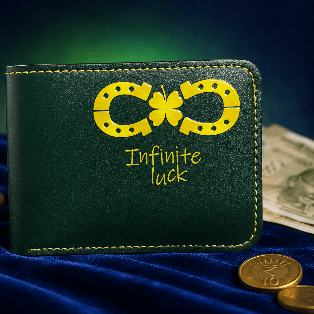 A dark green bifold wallet with yellow stitching and a yellow horseshoe-and-four-leaf clover logo, plus the words 'Infinite luck' on the front. The wallet is styled on a blue velvet surface with gold coins and a banknote nearby.