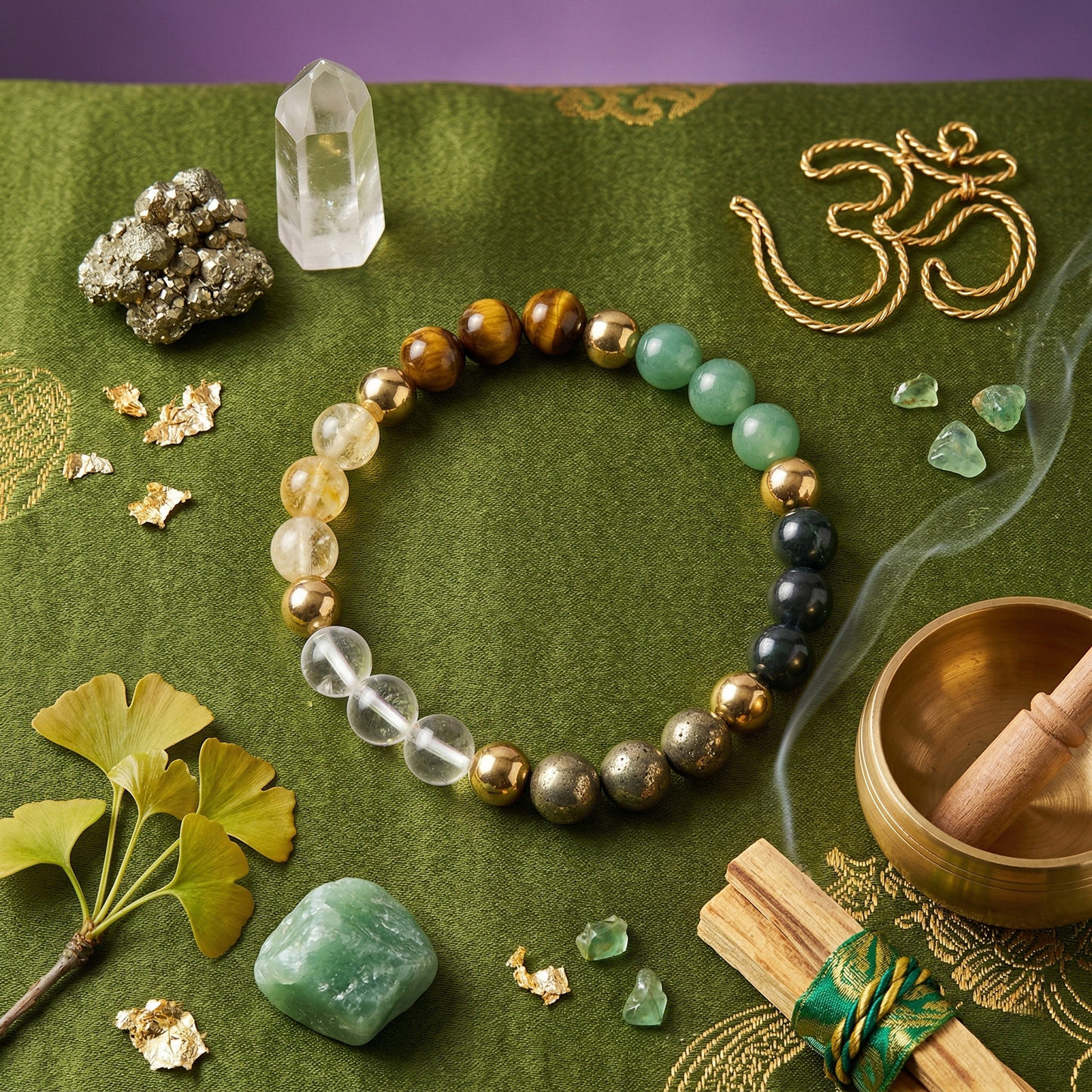 Beaded bracelet on a green fabric background with crystals and leaves
