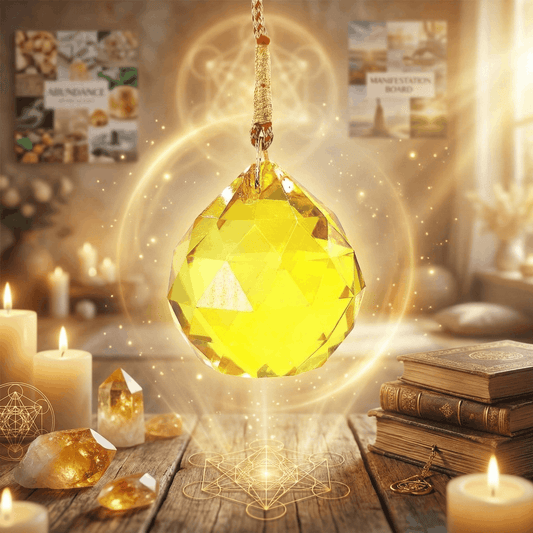 Decorative crystal ball with candles and books on a wooden surface
