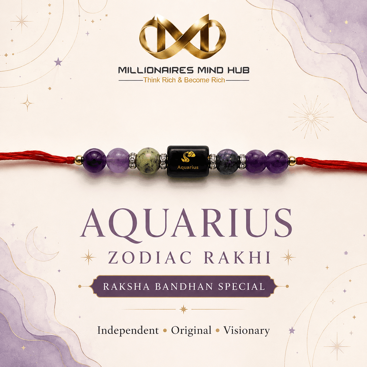 Aquarius Zodiac Rakhi with Amethyst, Kiwi Jasper and Sodalite Beads