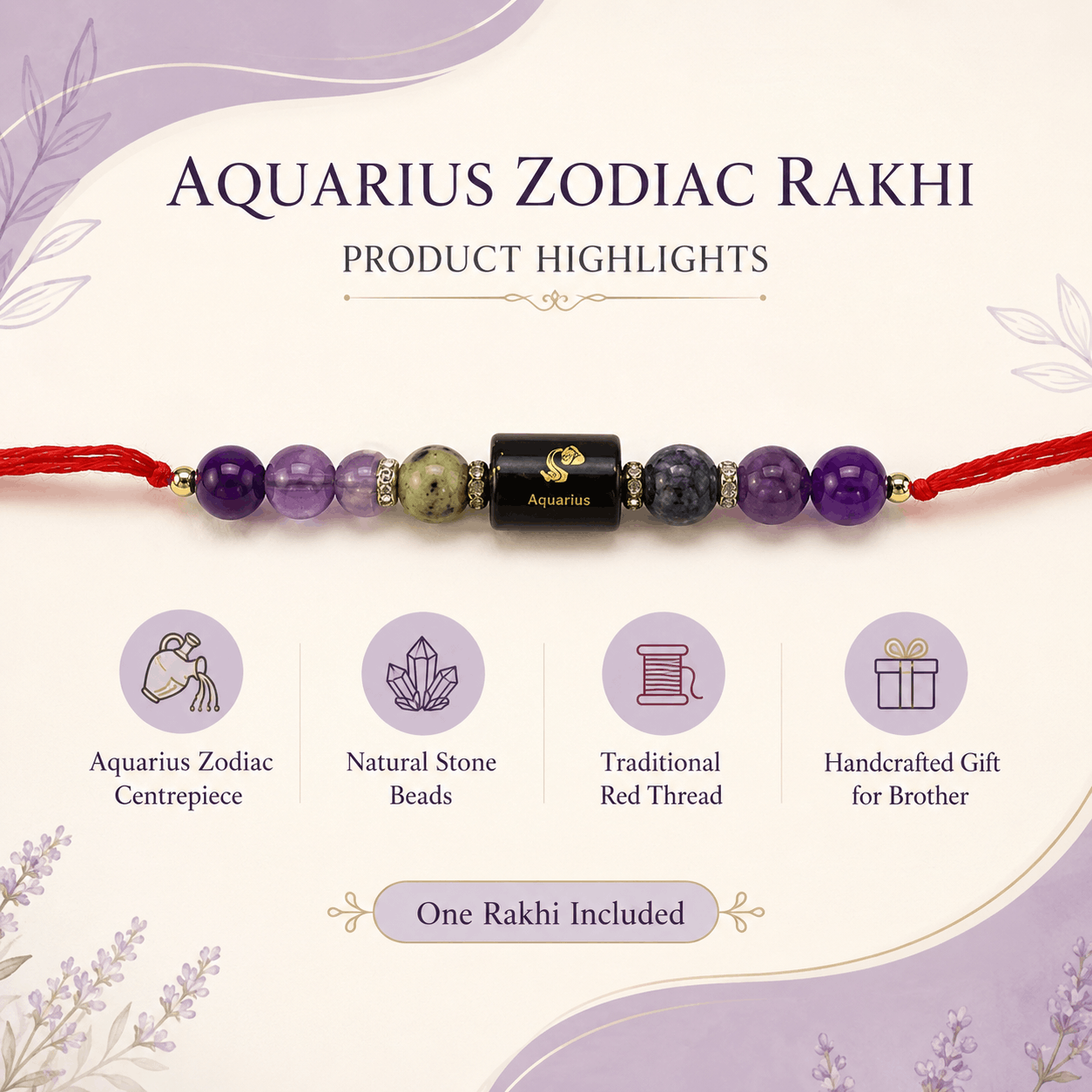 Aquarius Zodiac Rakhi with Amethyst, Kiwi Jasper and Sodalite Beads