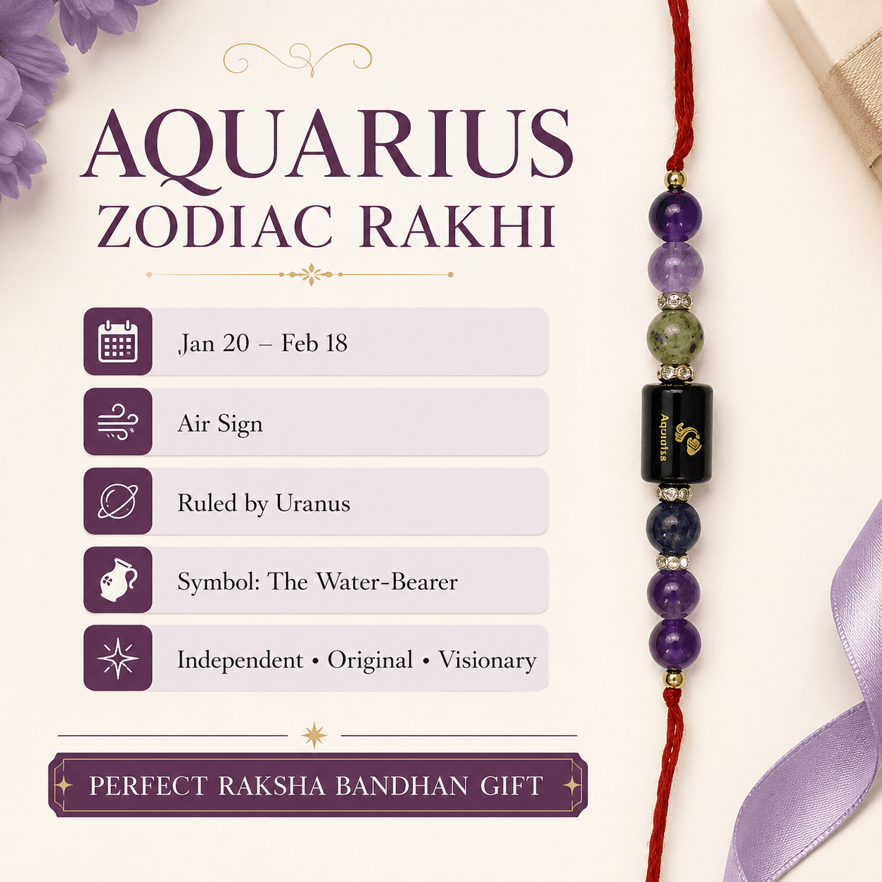 Aquarius Zodiac Rakhi with Amethyst, Kiwi Jasper and Sodalite Beads