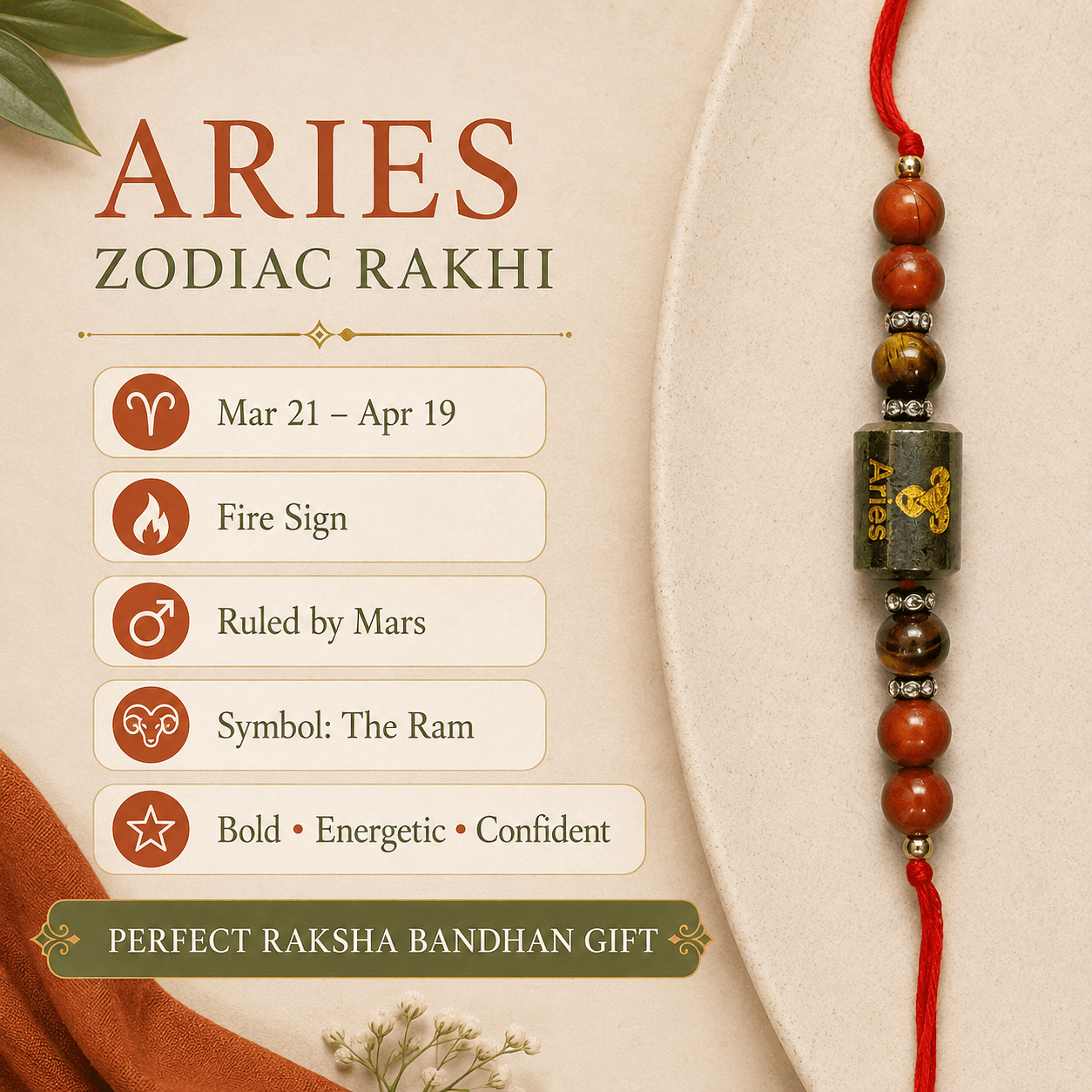 Aries Zodiac Rakhi with Red Jasper and Tiger’s Eye