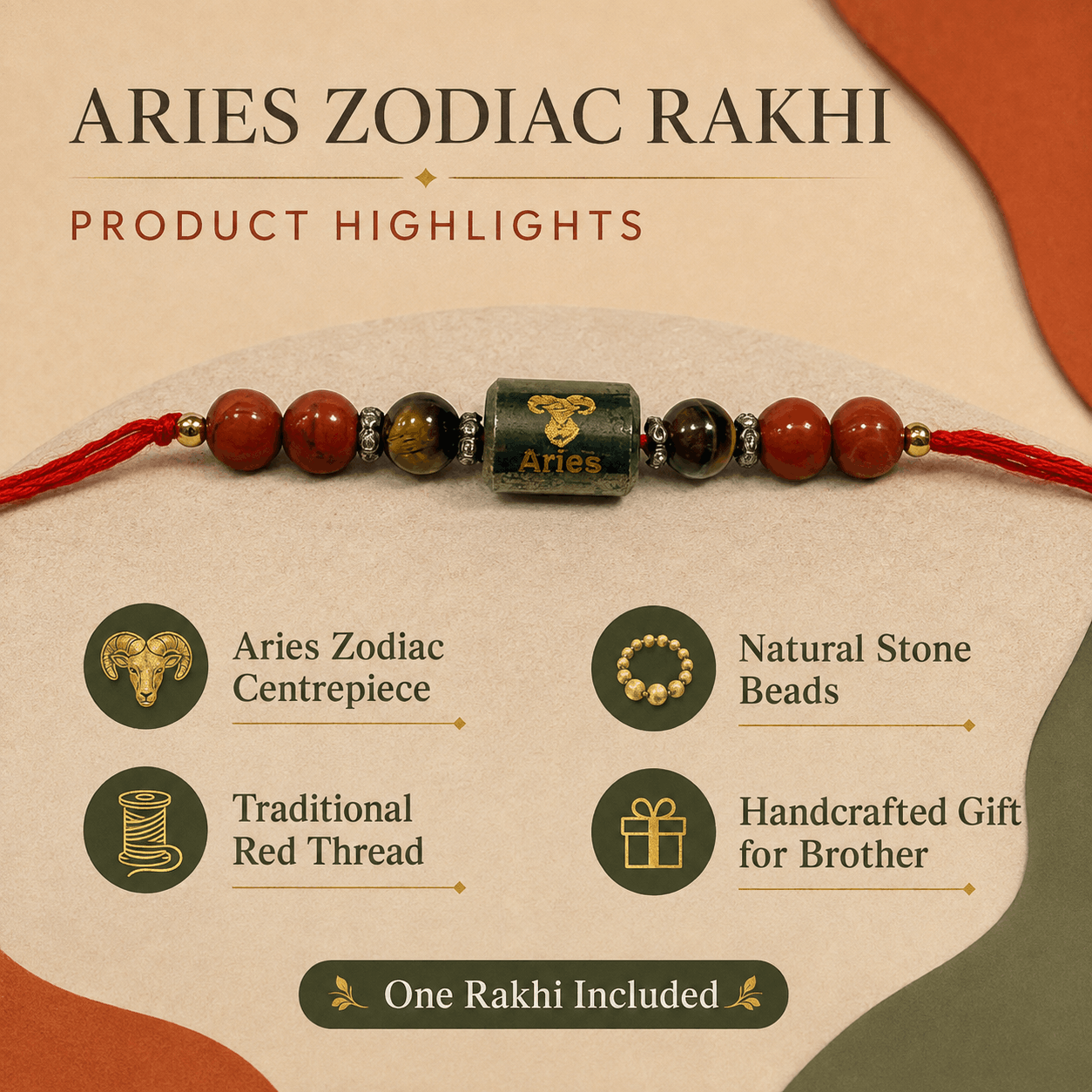 Aries Zodiac Rakhi with Red Jasper and Tiger’s Eye