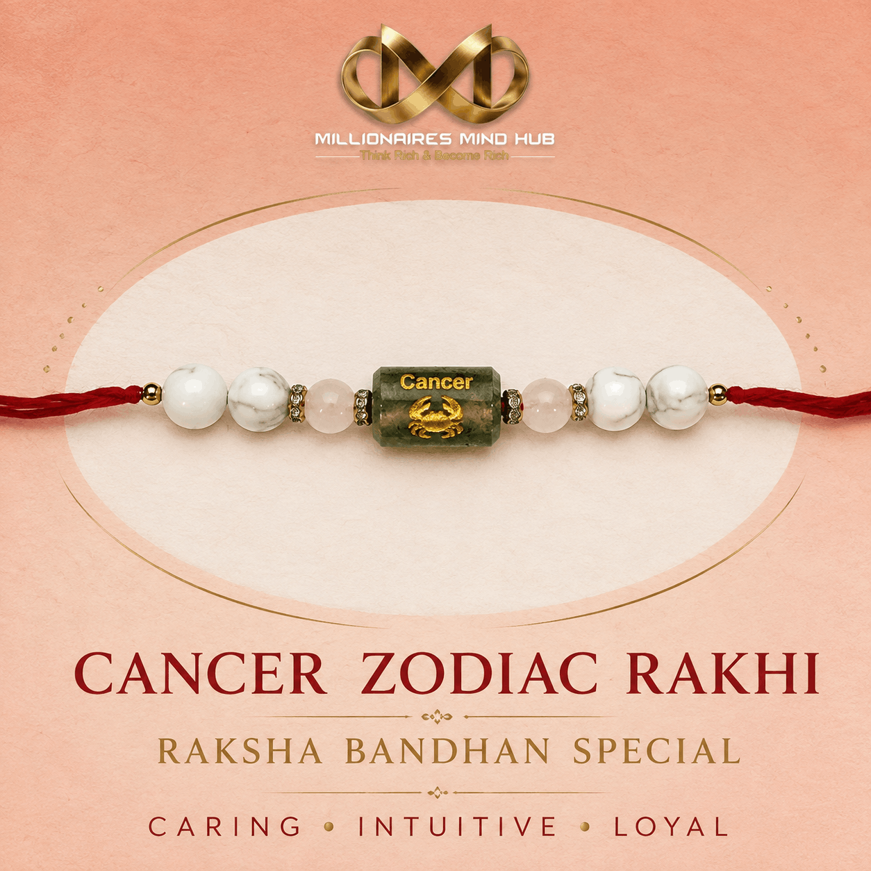 Cancer Zodiac Rakhi with White Howlite and Rose Quartz Beads