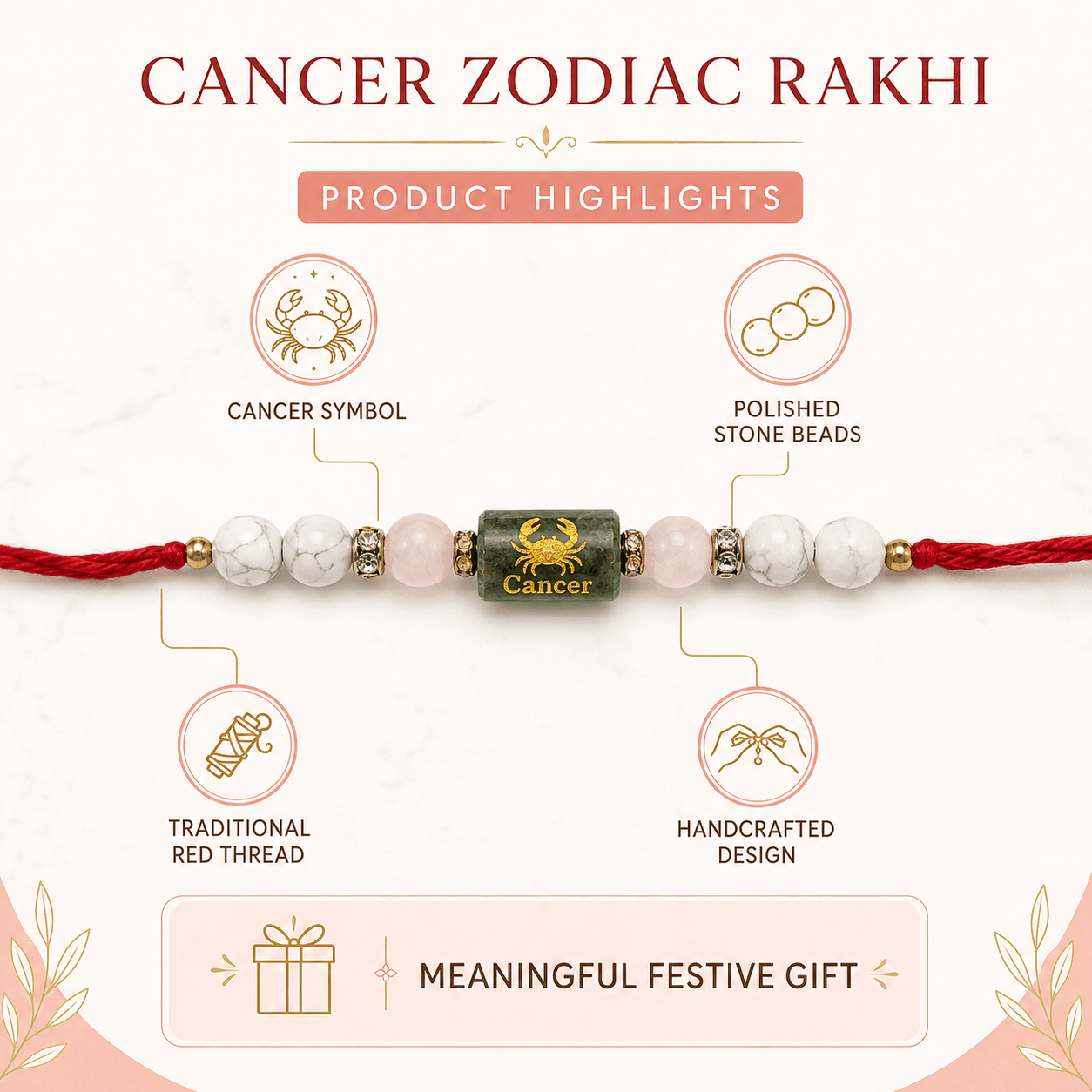 Cancer Zodiac Rakhi with White Howlite and Rose Quartz Beads