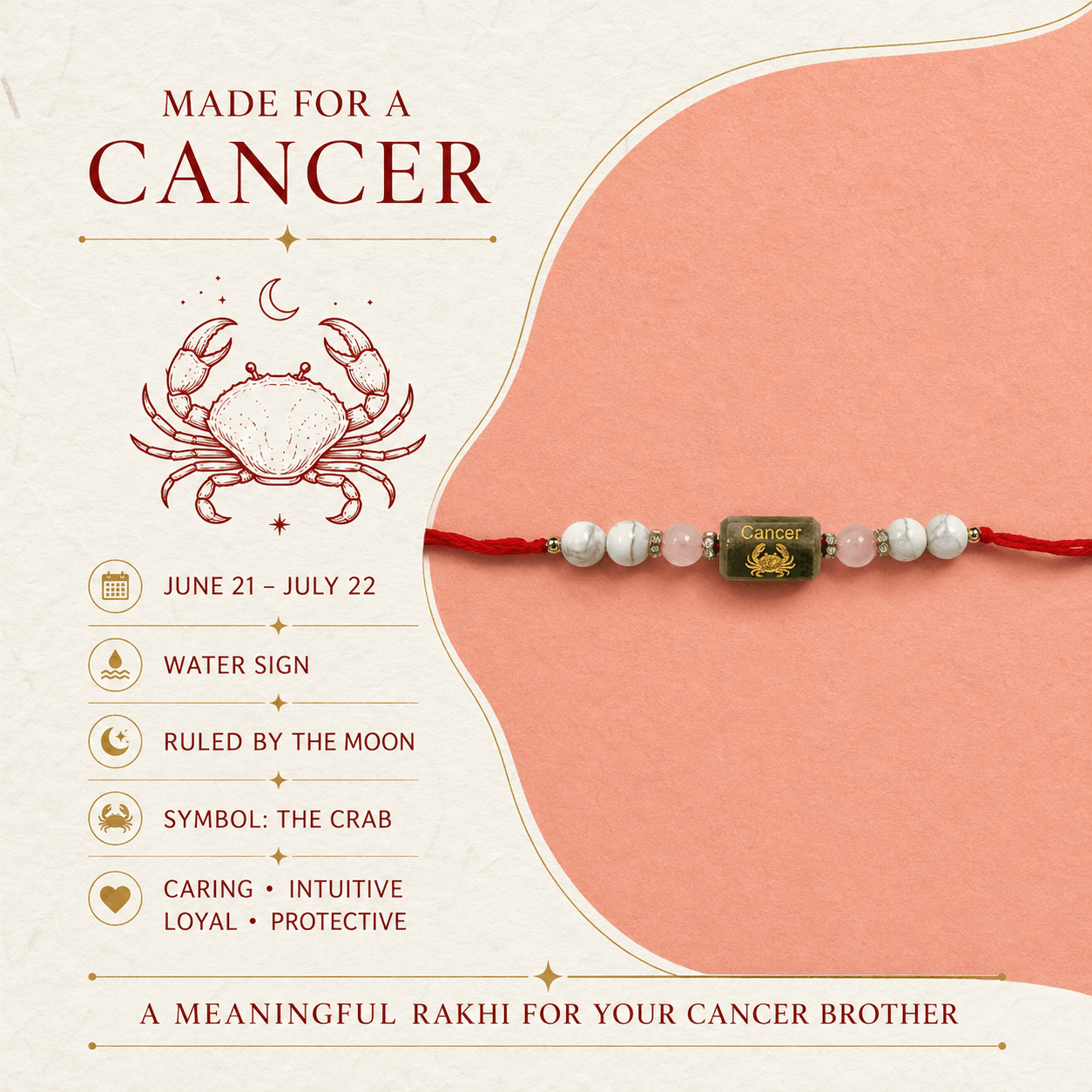 Cancer Zodiac Rakhi with White Howlite and Rose Quartz Beads