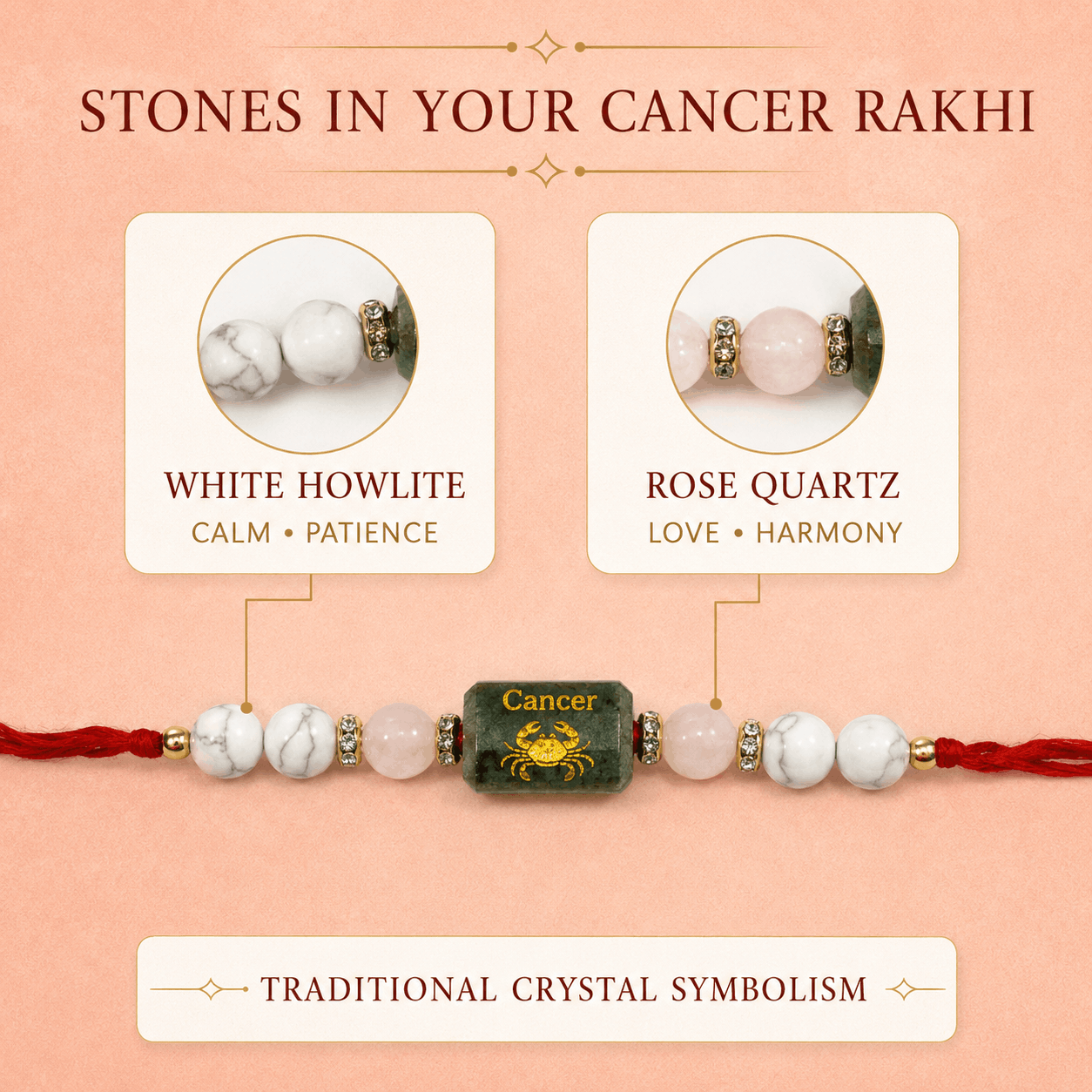 Cancer Zodiac Rakhi with White Howlite and Rose Quartz Beads