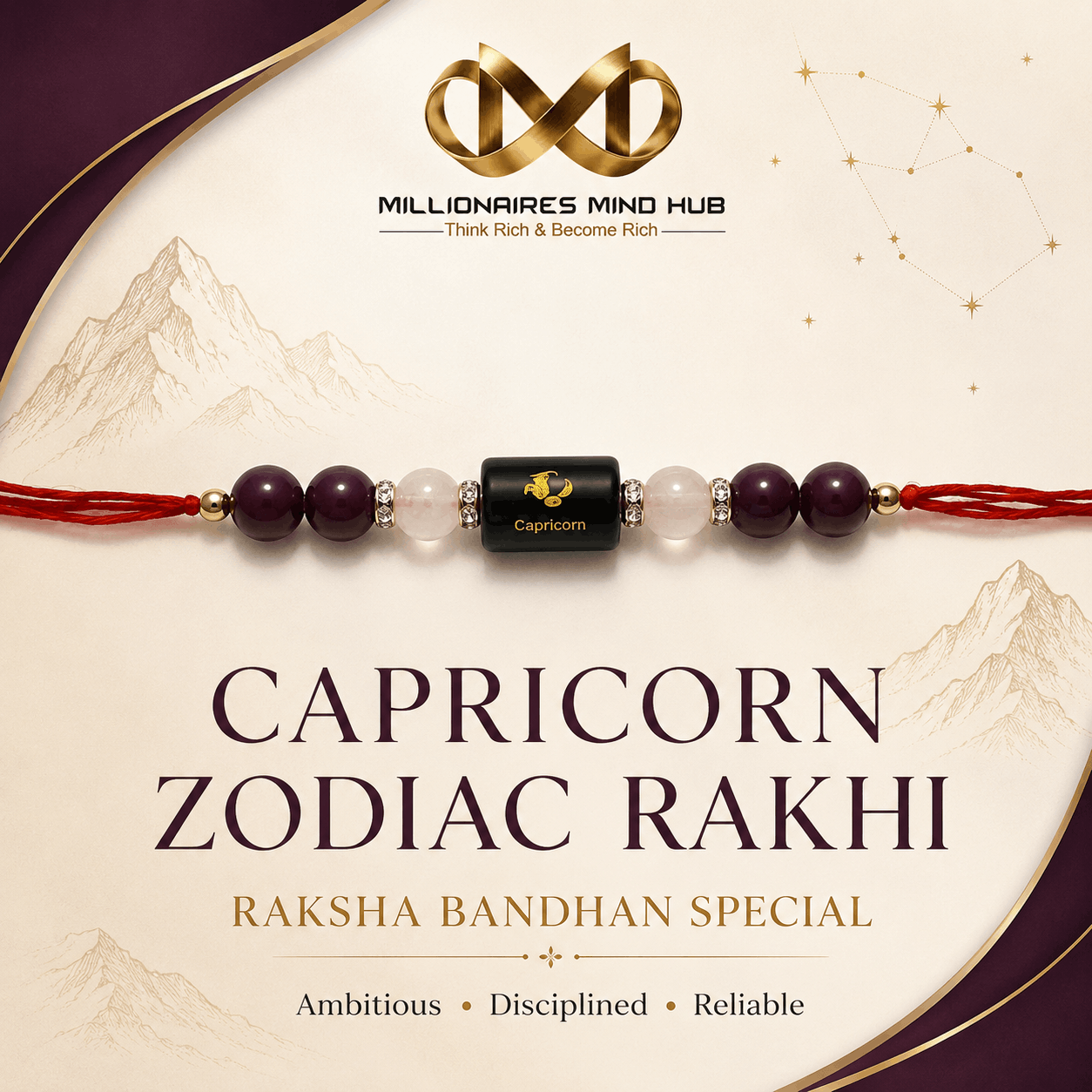 Capricorn Zodiac Rakhi with Garnet and Rose Quartz Beads