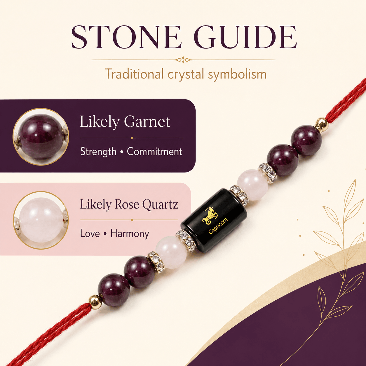 Capricorn Zodiac Rakhi with Garnet and Rose Quartz Beads
