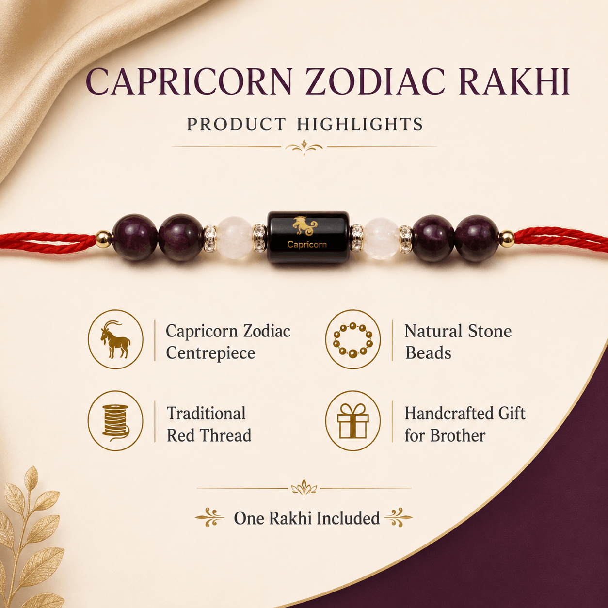Capricorn Zodiac Rakhi with Garnet and Rose Quartz Beads