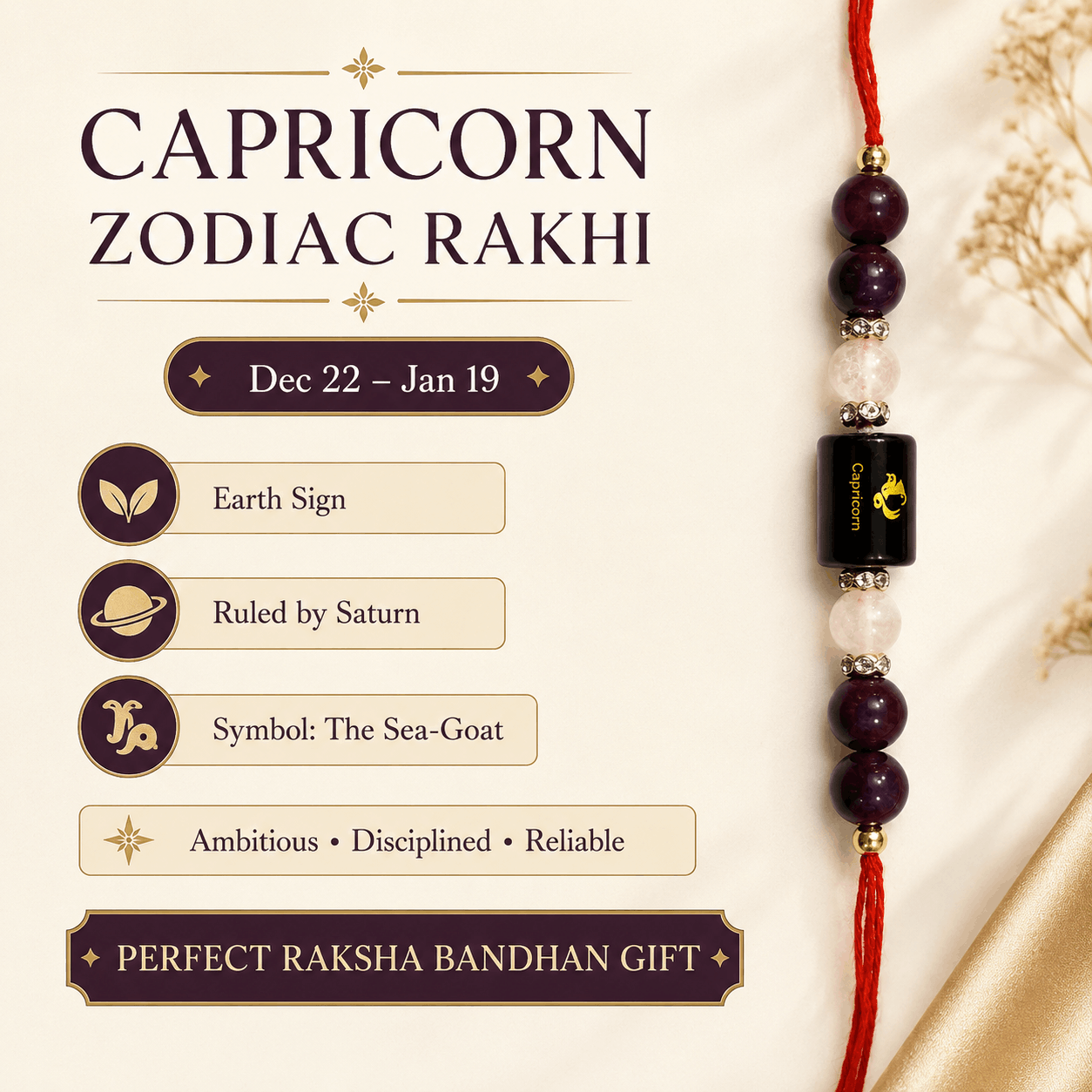 Capricorn Zodiac Rakhi with Garnet and Rose Quartz Beads