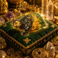 Decorative setting with a green cushion, crystal, and gold coins on a dark background