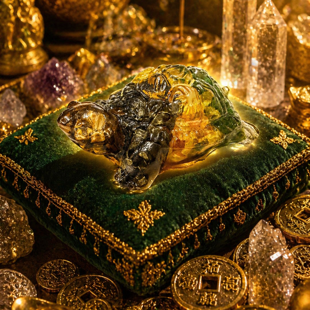 Decorative setting with a green cushion, crystal, and gold coins on a dark background