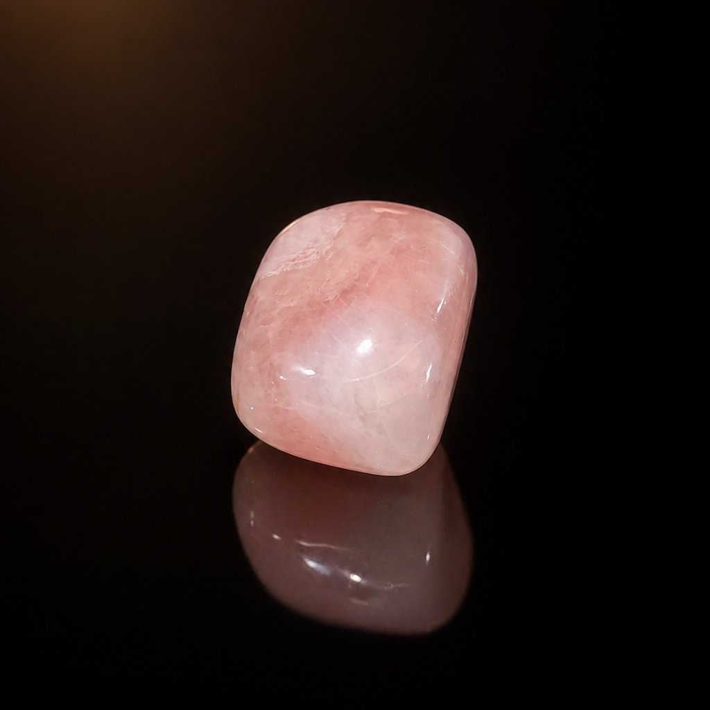 Pink stone on a reflective black surface with a dark background