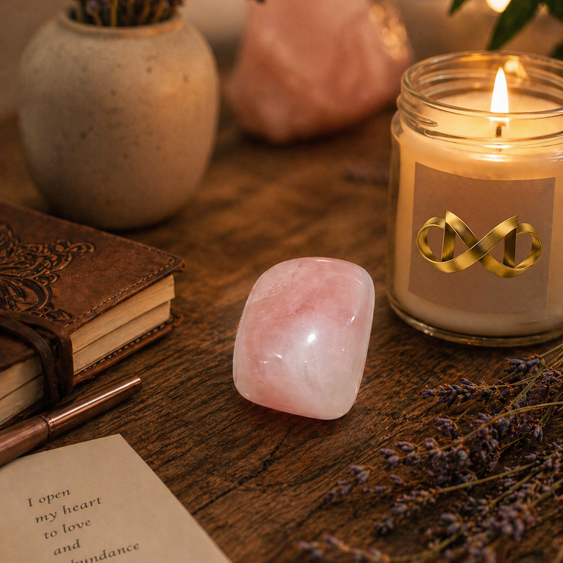 Candle, rose quartz crystal, and lavender on a wooden surface with a soft focus background