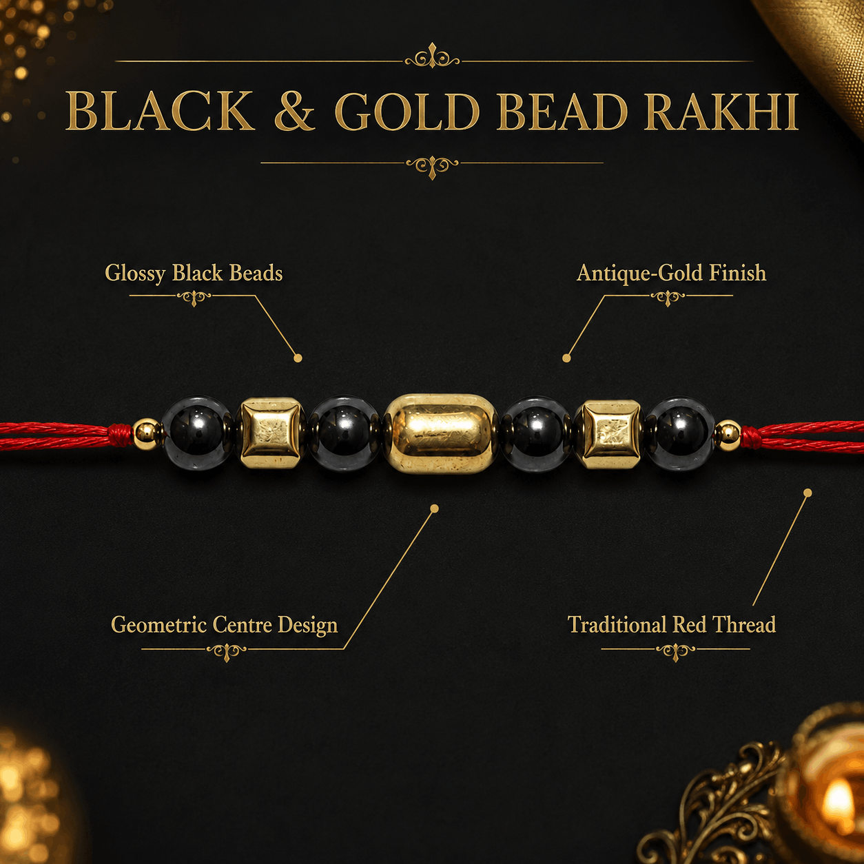 🖤 Black & Gold Bead Rakhi – Protection, Love & Sibling Bond ✨🧿