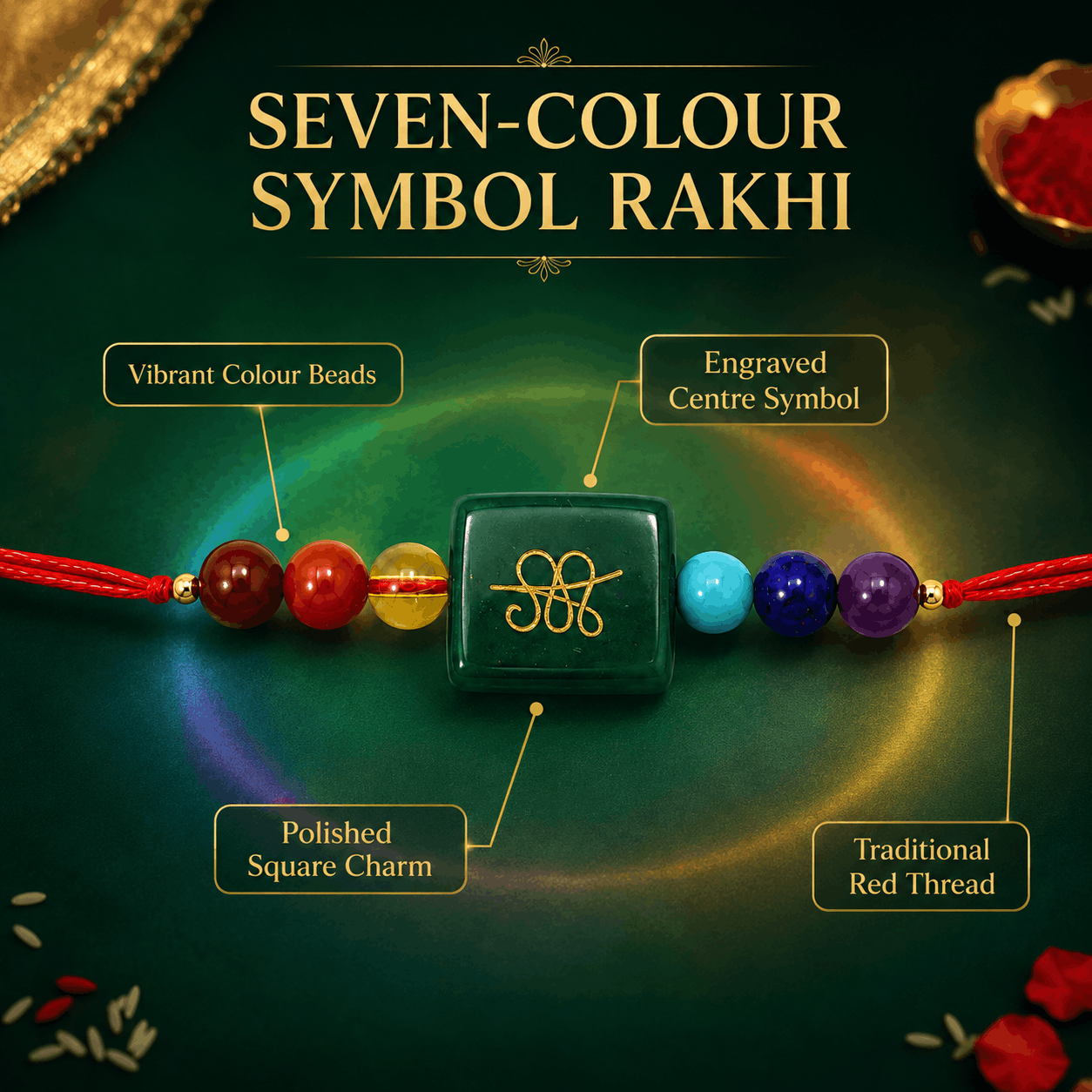 🌈 Seven-Colour Prosperity Symbol Rakhi – 808 • 520 • 741 ✨🧿